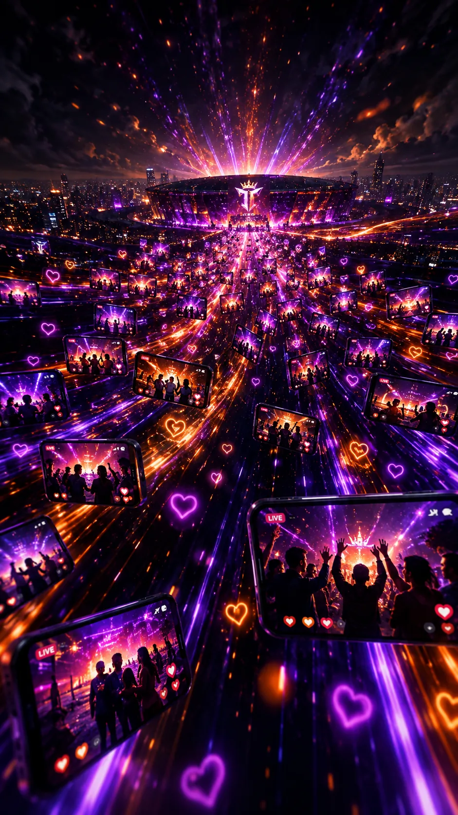 Arte conceptual de Team Intensos con un concierto sobre una ciudad digital.